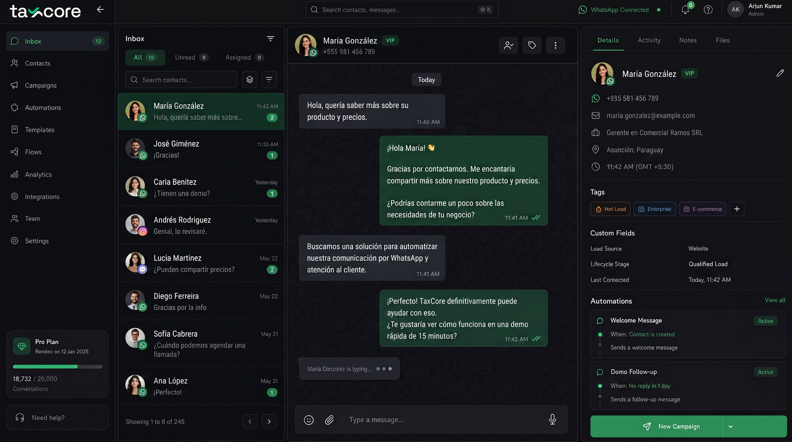 CRM y WhatsApp en TaxCore